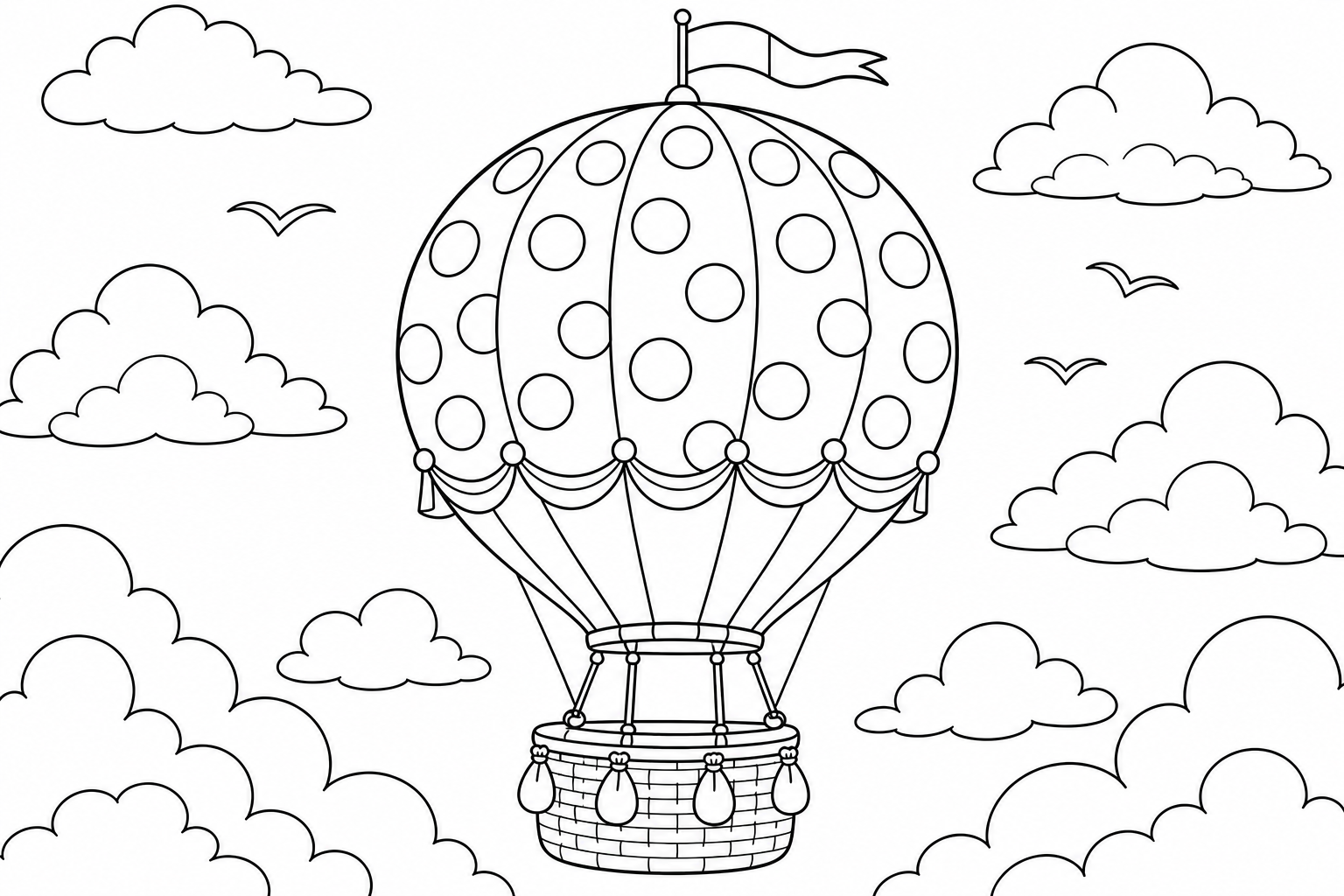 A hot air balloon decorated with big polka dots and a scalloped skirt, a small pennant flag fluttering on top