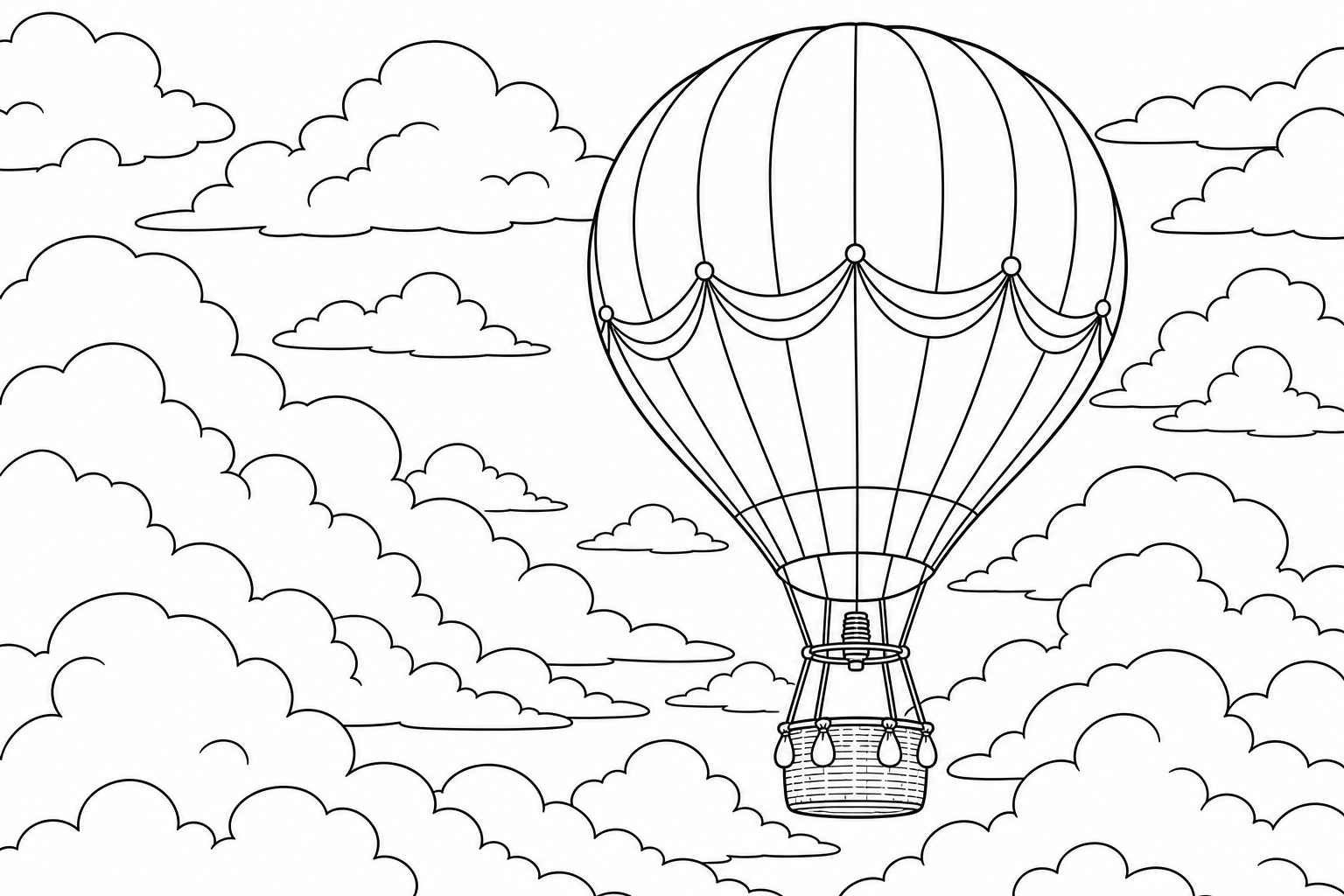 A single hot air balloon floating among big soft puffy clouds in a wide open sky