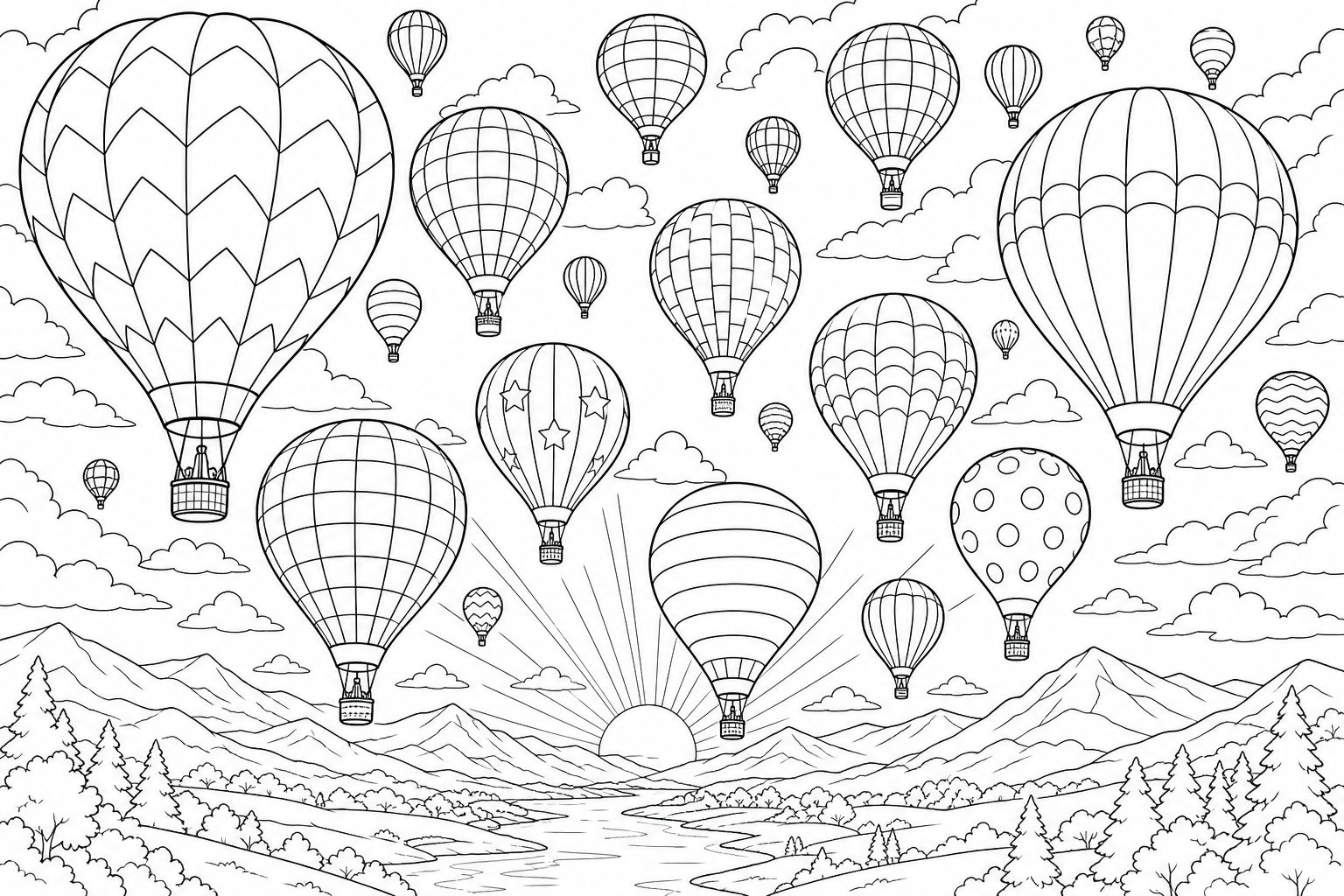 Hot Air Balloon Festival Coloring Page - Mass Ascension at Dawn