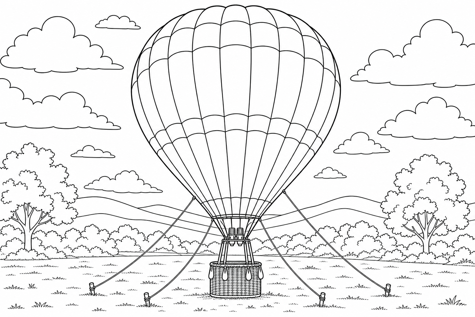 A hot air balloon standing fully inflated and upright on a launch field, tethered by ropes, the wicker basket resting on the grass