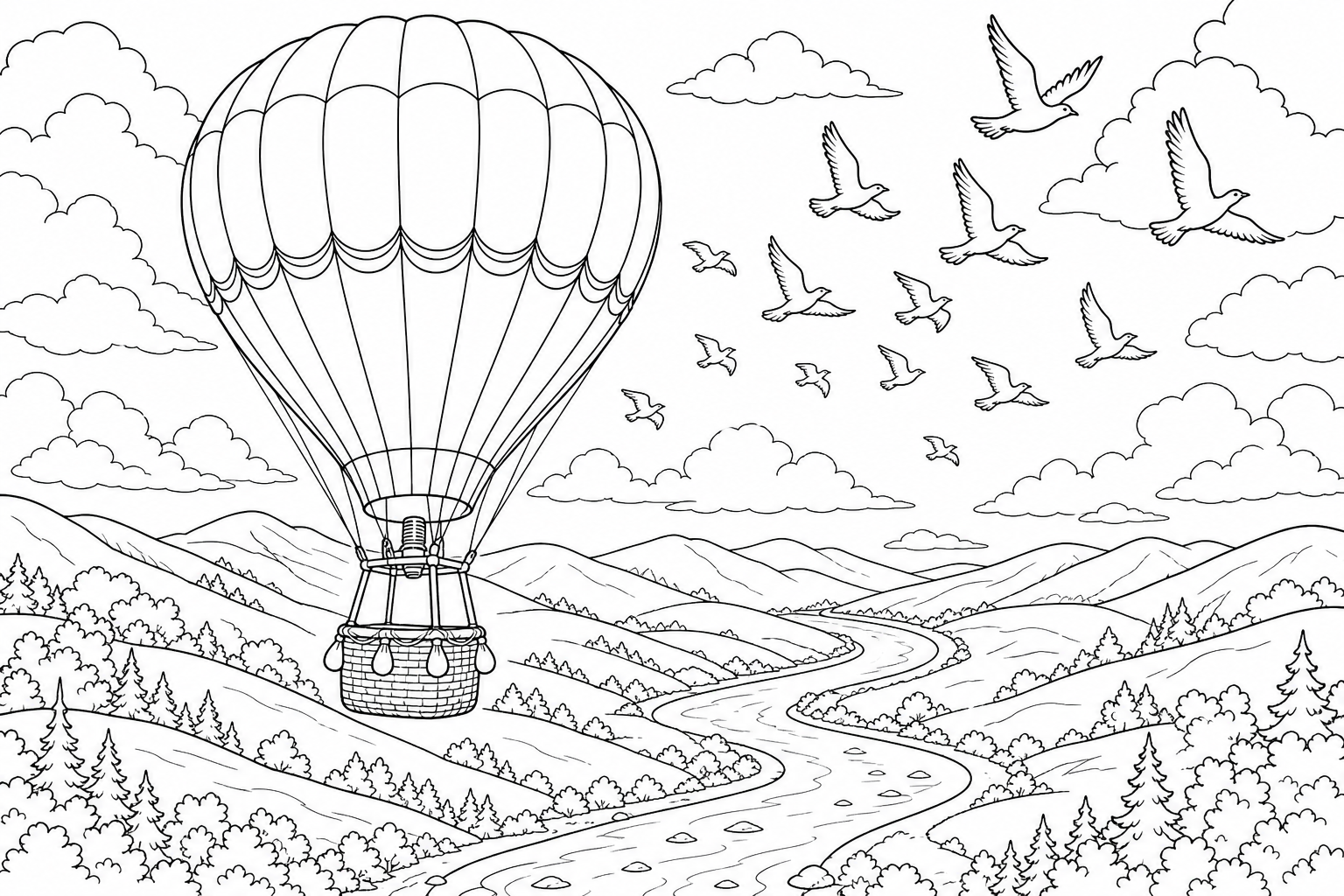 A hot air balloon drifting past a flock of birds with rolling hills and a winding river far below