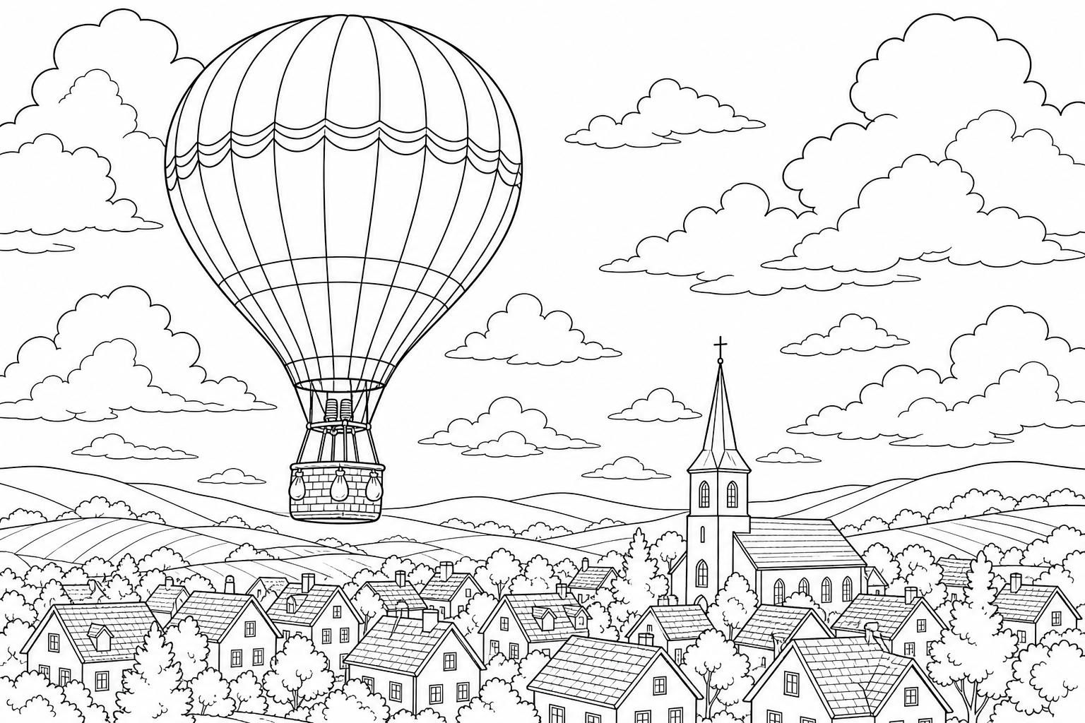 A hot air balloon high above a small village with tiny rooftops and a church steeple below