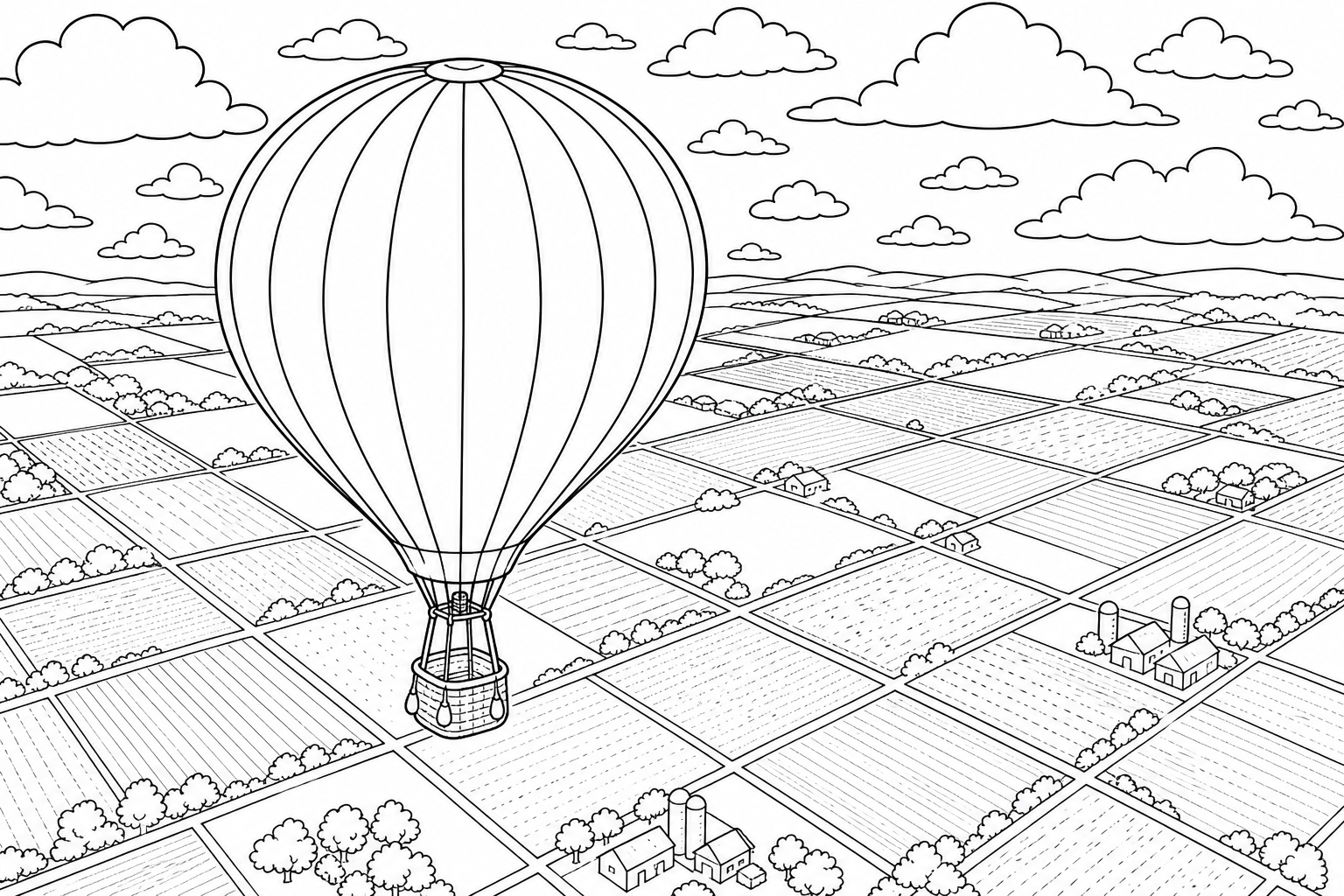 A round hot air balloon with bold vertical panels drifting high above a patchwork of square farm fields seen from above
