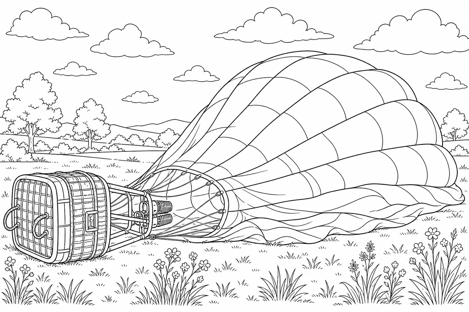 A deflating hot air balloon settled on the ground, its tall envelope billowing out sideways across an open field