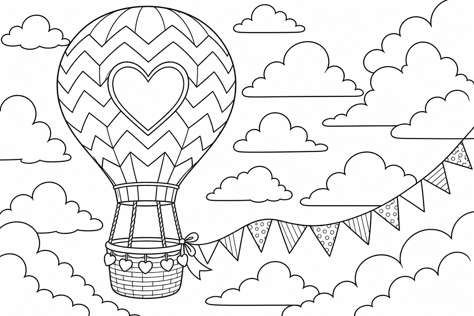 A hot air balloon with a bold chevron zigzag pattern and a heart on its side, colorful bunting trailing from the basket