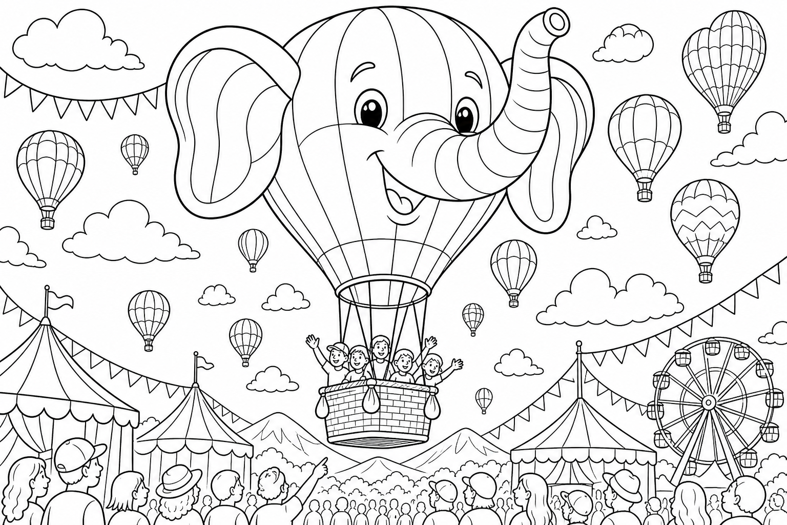 Elephant Hot Air Balloon Coloring Page - Fun Festival Activity