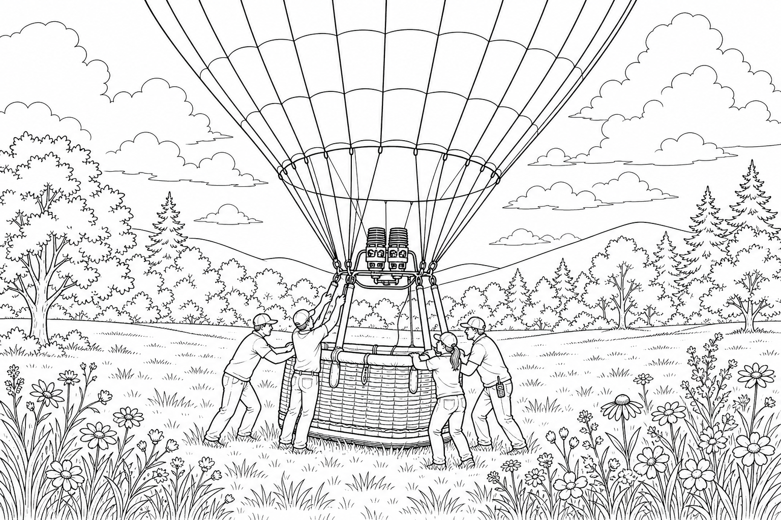 A hot air balloon gently descending toward an open meadow, the basket about to touch the grass as the ground crew reaches up to steady it