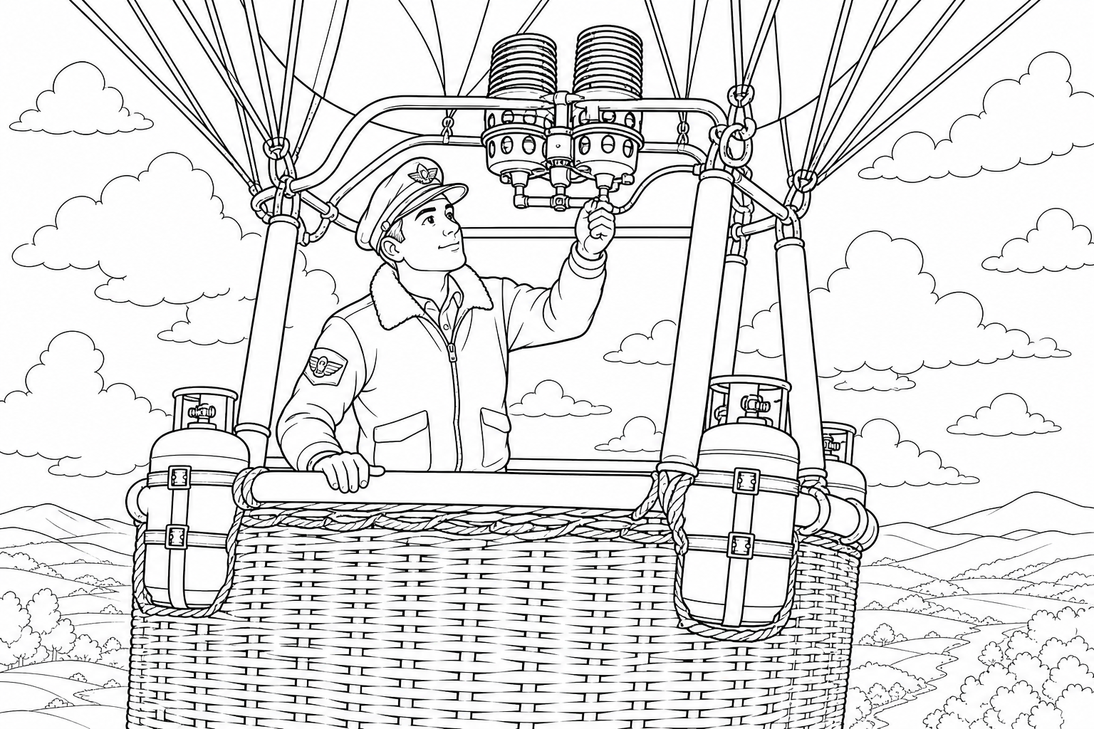 Page de Coloriage du Pilote de Montgolfière - Amusante & Captivante