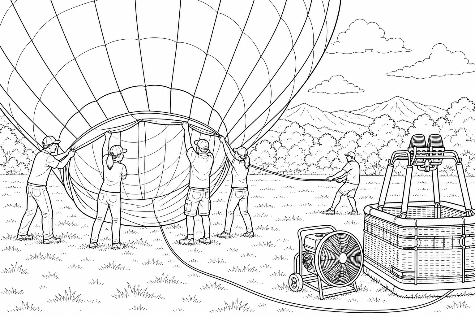 A crew holding the throat of a half inflated balloon open while the tall envelope swells with air, a long control line stretched across the grass