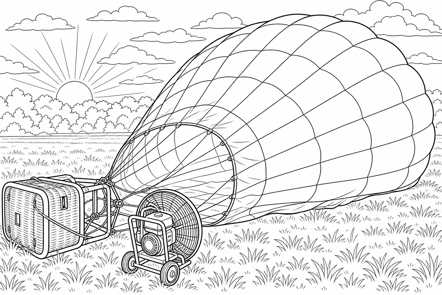 A large striped hot air balloon lying partly inflated on its side in a grassy field at dawn, a big fan blowing air into the open envelope mouth