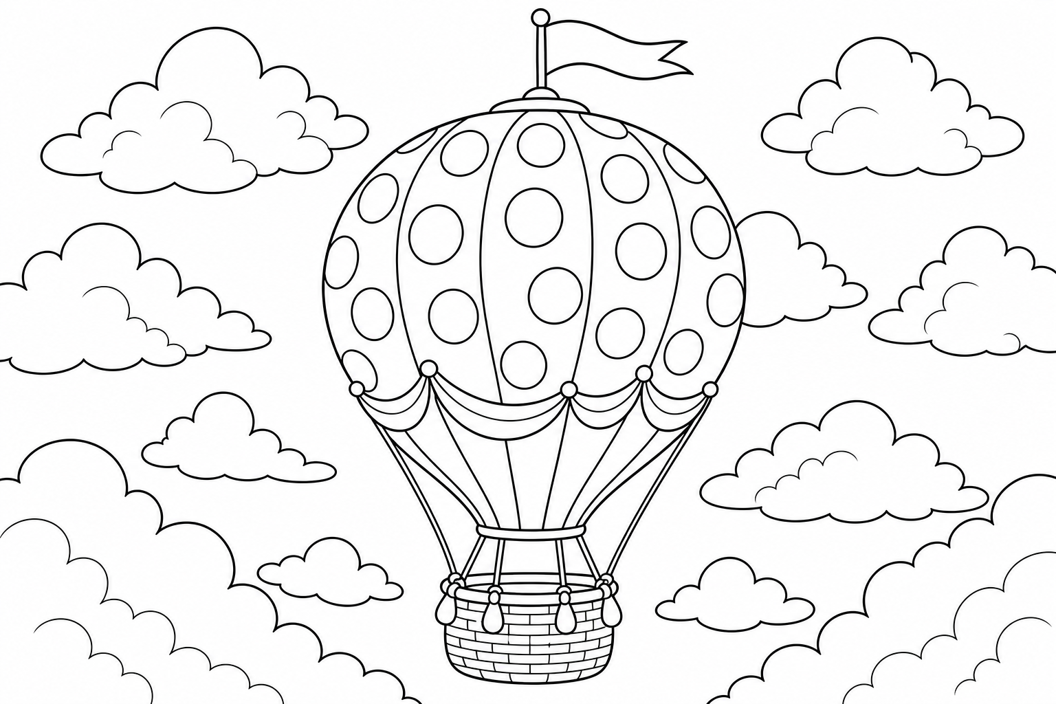 A hot air balloon decorated with big polka dots and a scalloped skirt, a small pennant flag fluttering on top