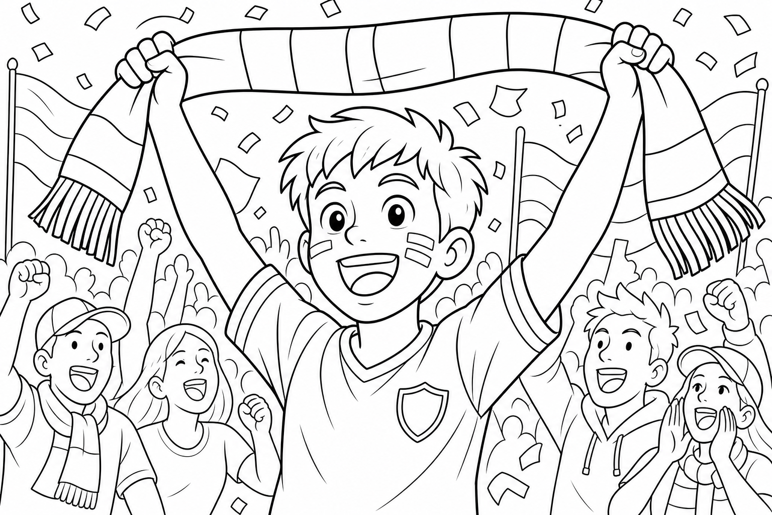 a young fan waving a scarf and cheering
