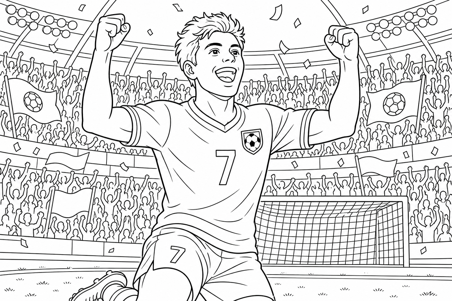a happy soccer player celebrating with arms raised