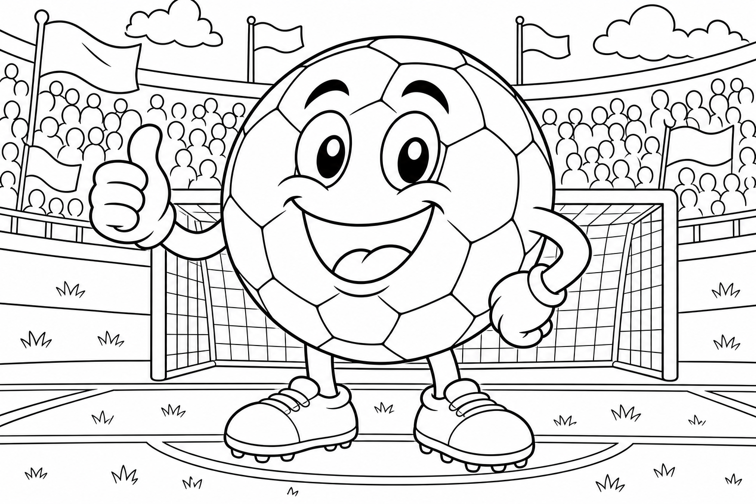 a friendly soccer ball character with a big smile