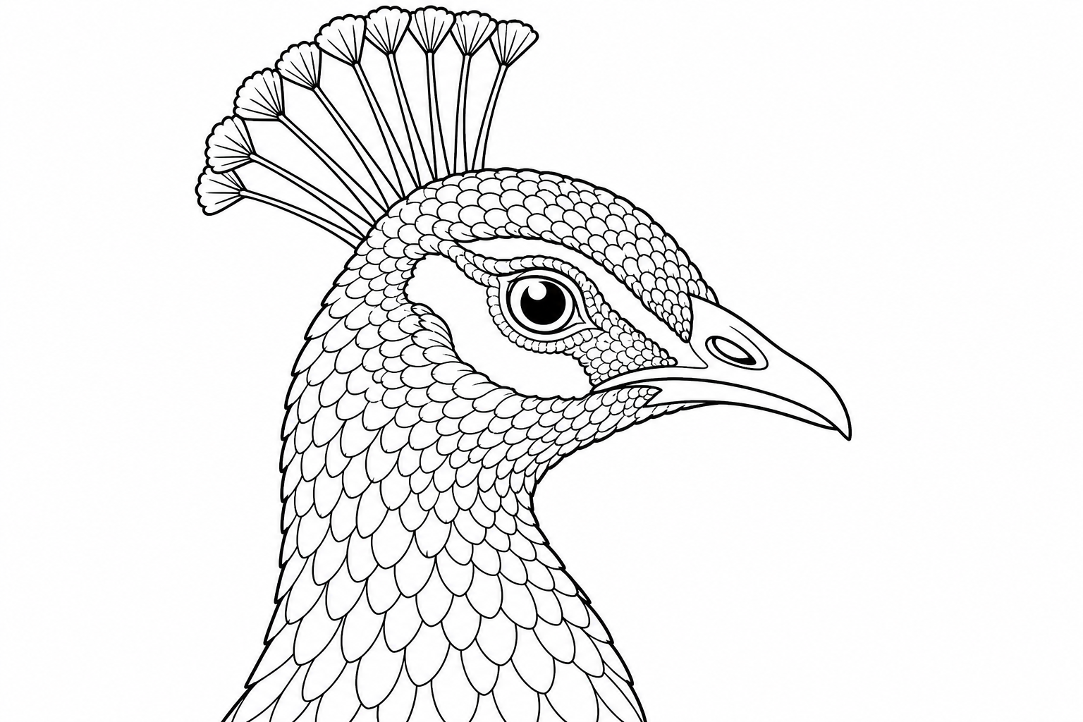 A close portrait of a peacock's head and slender neck, the small crown of stalked crest feathers standing upright above its eyes.