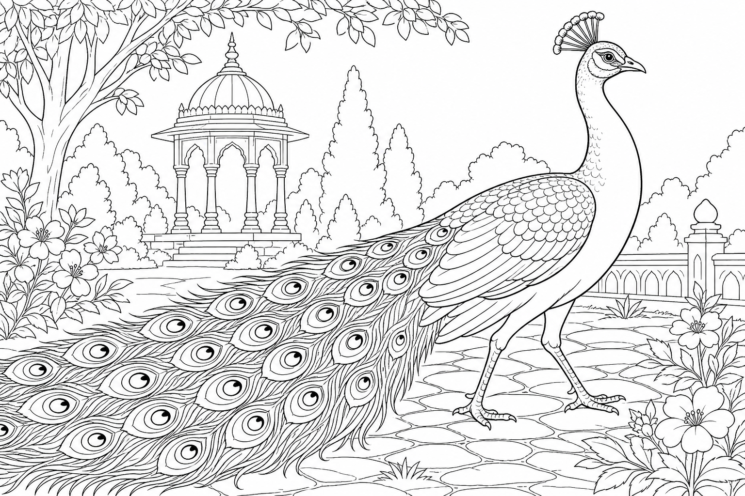 A peacock walking in profile with its long train trailing behind, slender neck and crested head held high.