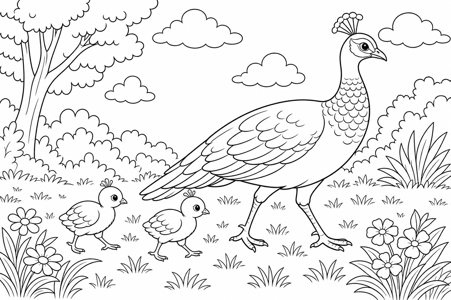 A peahen with two small peachicks following her across the grass, simple rounded shapes.