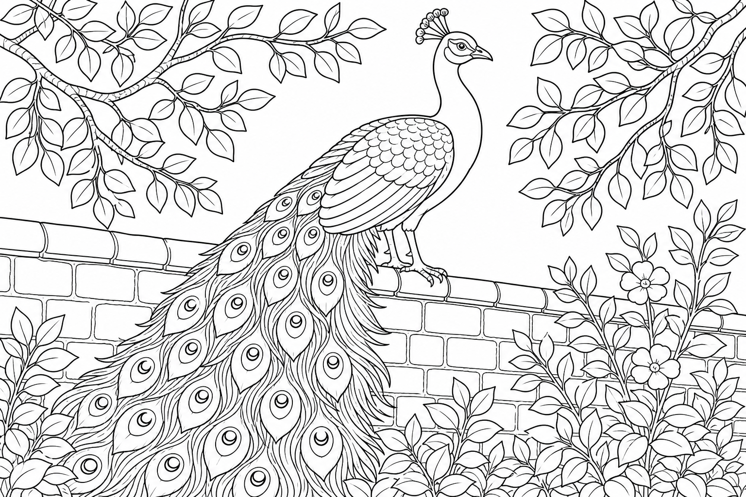 A peacock perched on a low garden wall, train feathers cascading down, leafy branches around it.