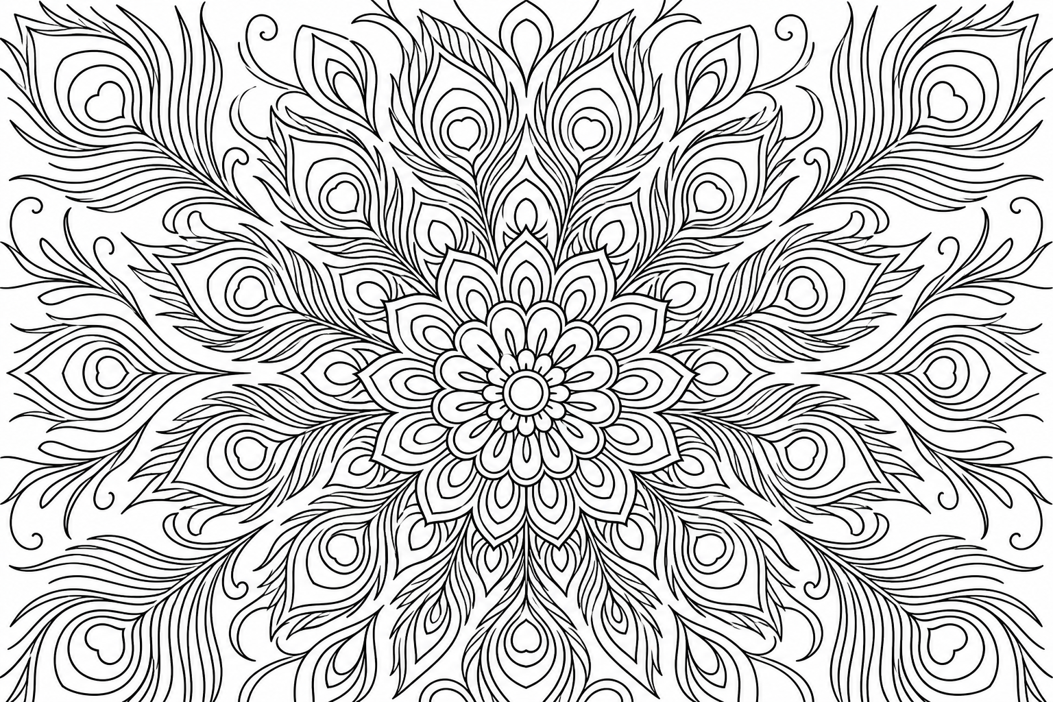 A symmetrical mandala built from radiating peacock feathers and eye markings, ornate and balanced.