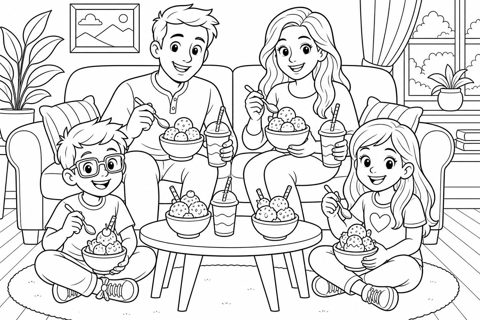 A family (dad, mom, brother, sister) sitting on a sofa. The brother and sister are sitting on the floor in front of the sofa. A table is standing between them. On it are two bowls with ice cream inside. On top is a sauce. Next to the bowls are two cocktail glasses with lids and straws. On the sofa sit the dad and mom. They also have two bowls with ice cream, cocktail glasses. The sister has hair over her shoulder. The brother has square glasses. The mom also has hair over her shoulder.