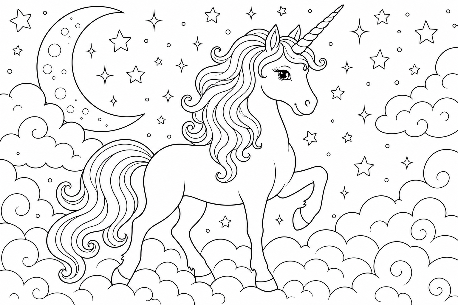 A unicorn among drifting clouds and twinkling stars in a night sky with a crescent moon, spiraled horn
