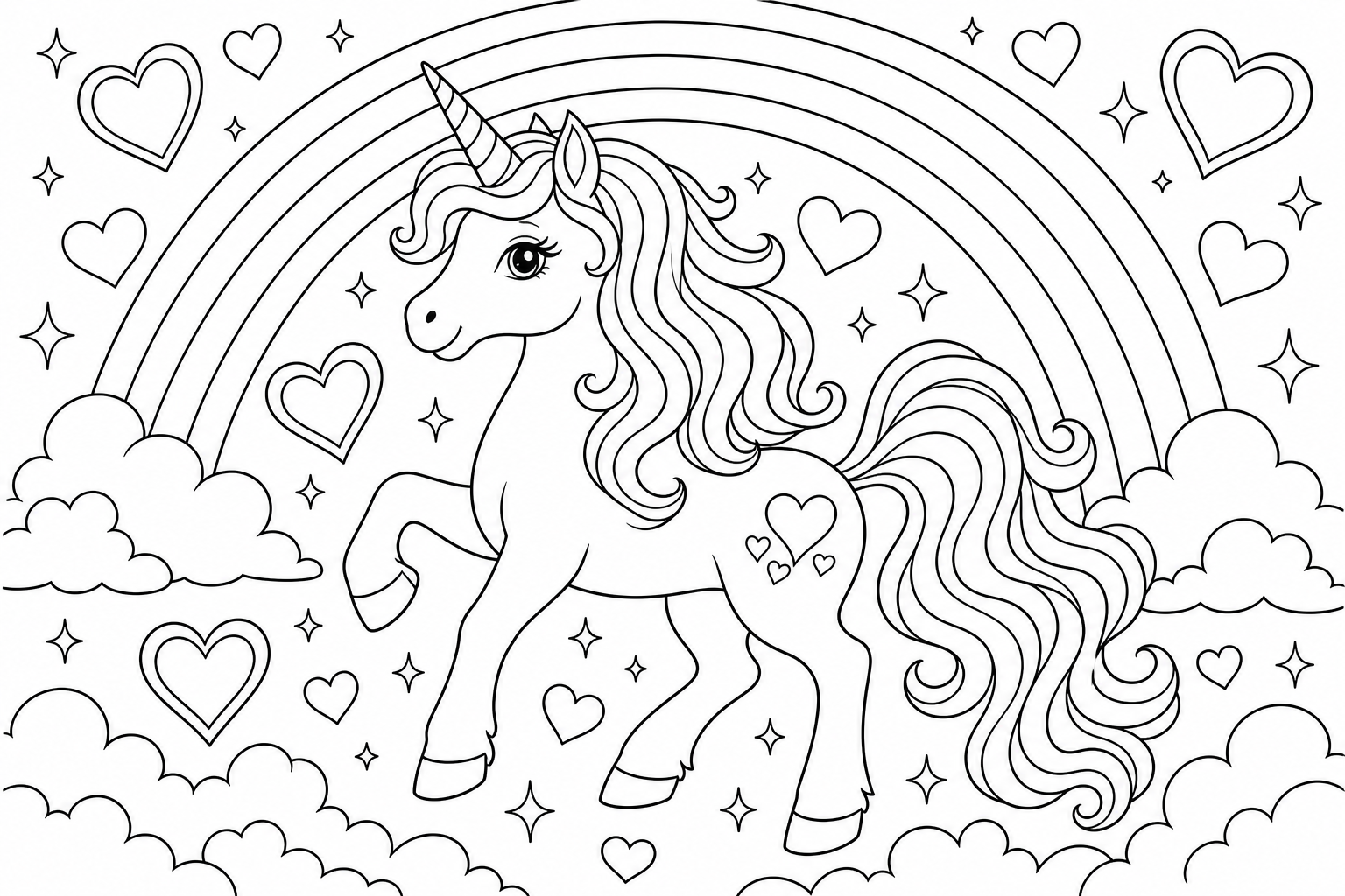 A unicorn surrounded by floating hearts and sparkles under a rainbow, flowing mane