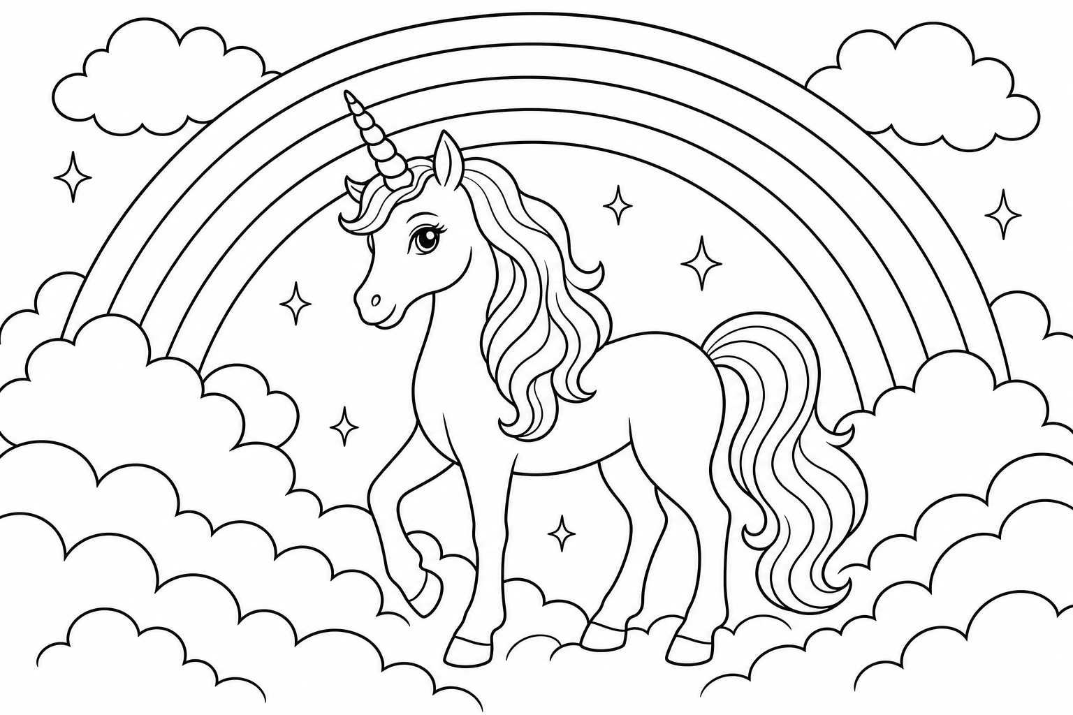 A unicorn standing beneath a big arching rainbow with fluffy clouds around it, spiraled horn