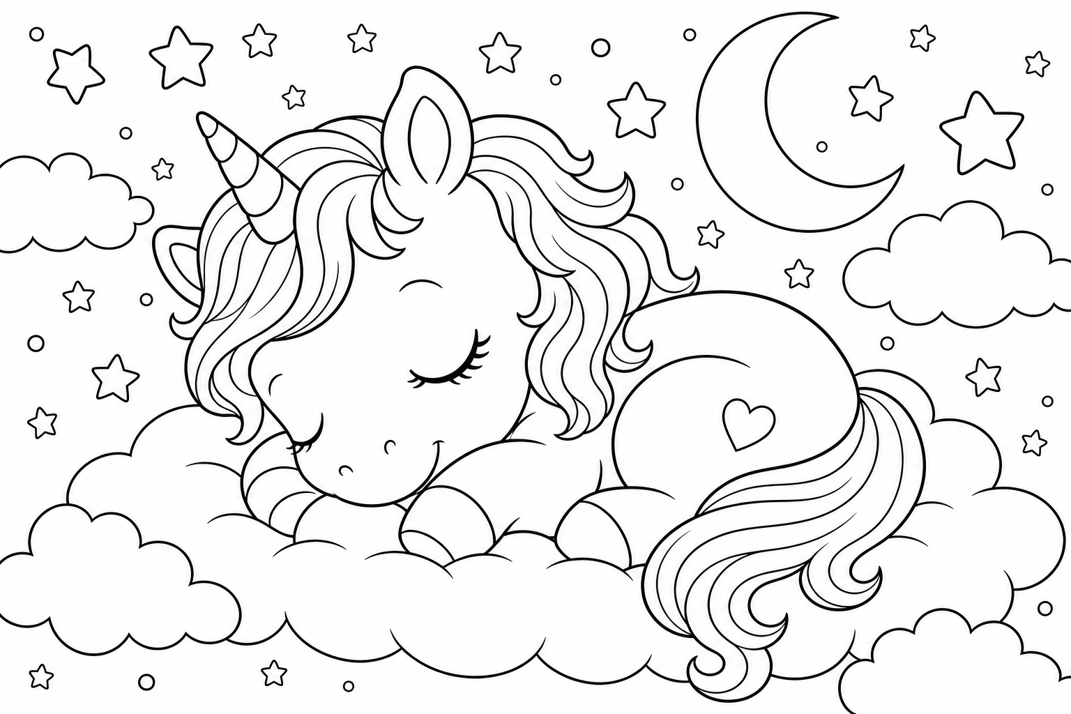A sleepy baby unicorn curled up with closed eyes, a tiny horn and a soft fluffy mane