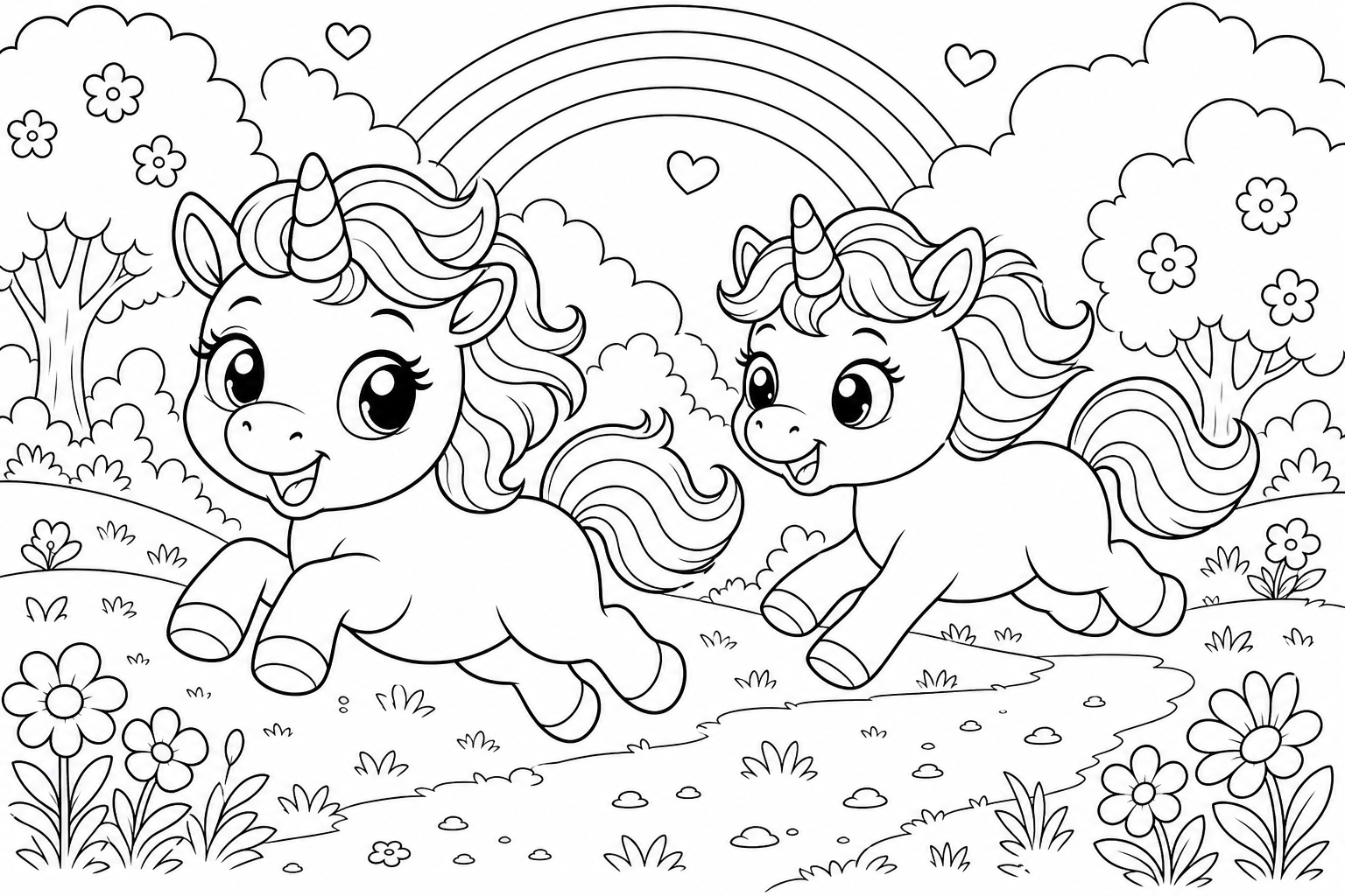 Two playful baby unicorns chasing each other, round bodies, little horns, bouncy poses