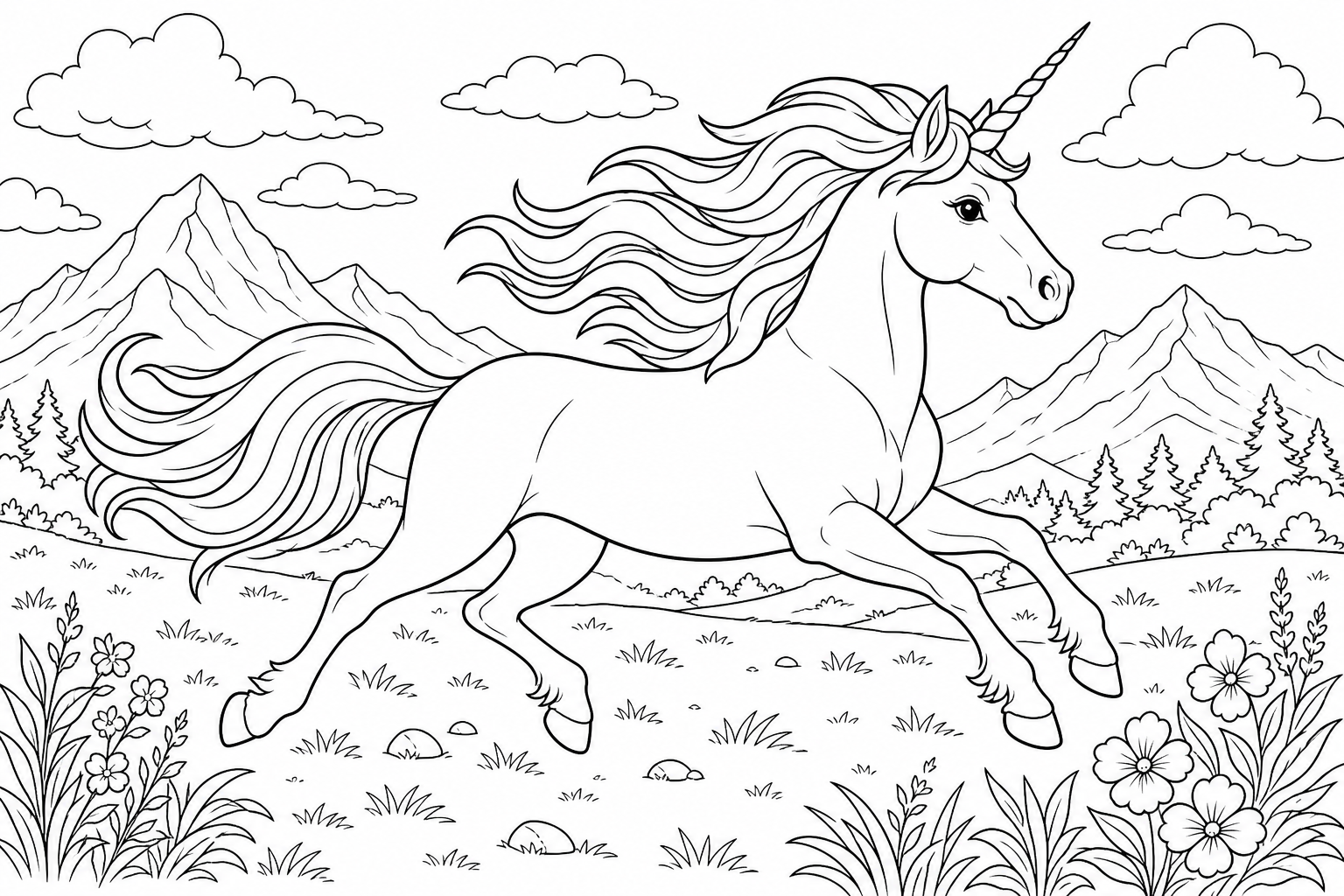 A unicorn galloping across open ground with legs extended and mane and tail flowing behind, single horn