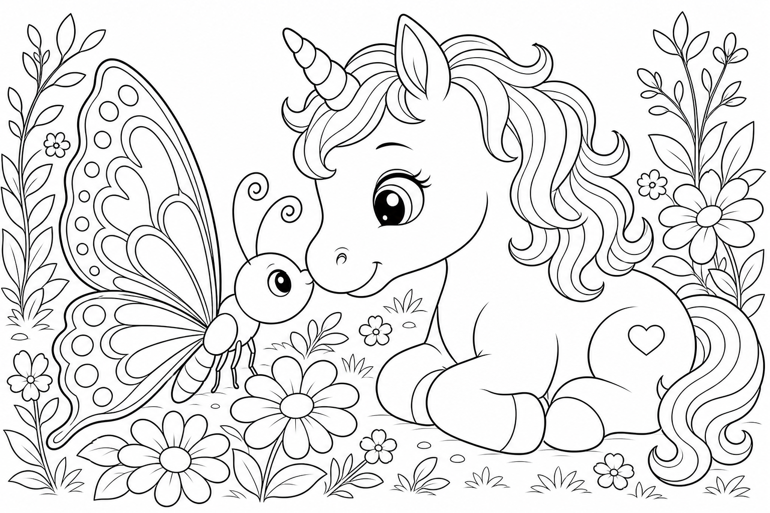 A cute baby unicorn nuzzling a large butterfly, small horn, soft rounded shapes