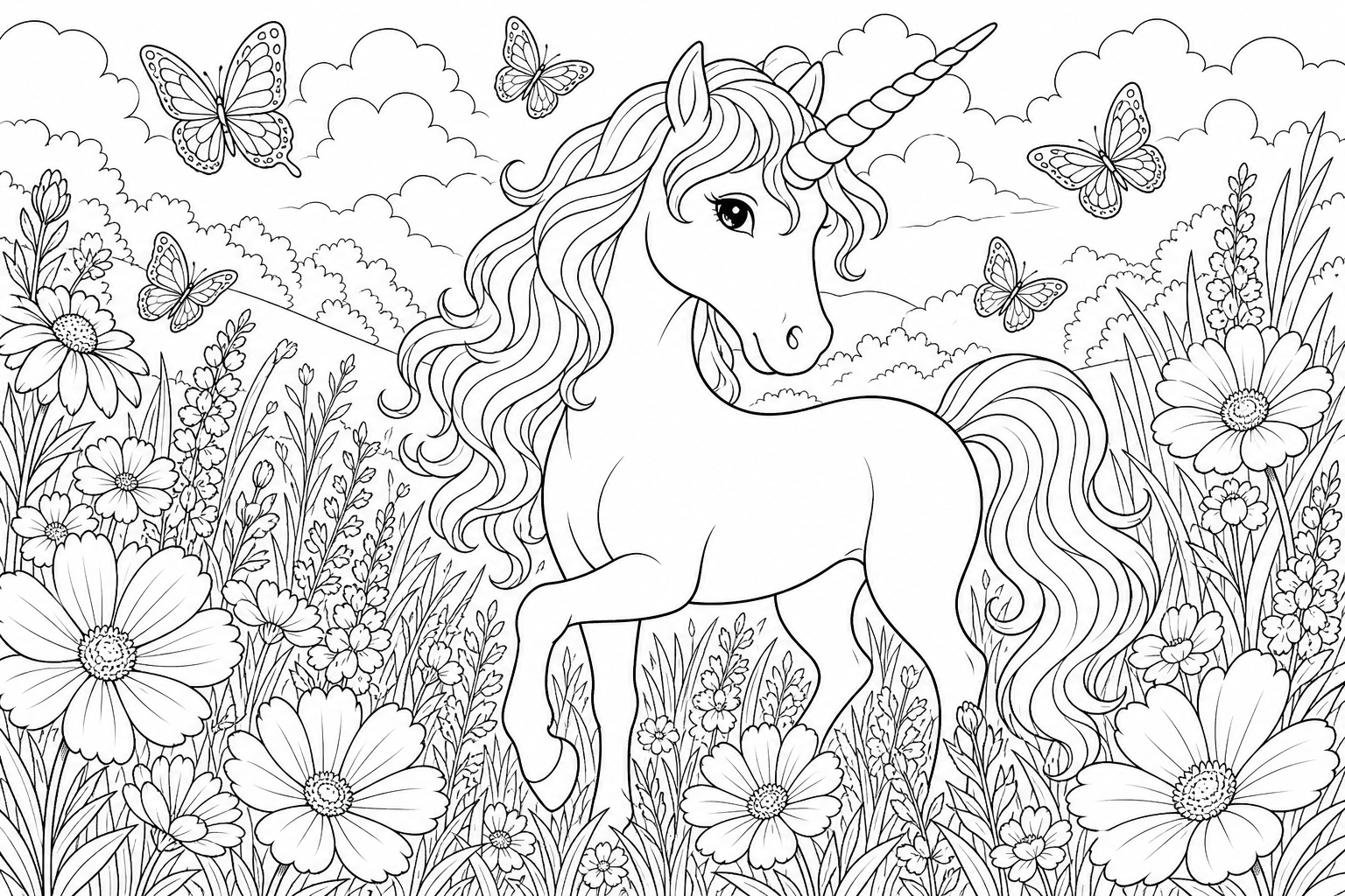 A unicorn in a meadow thick with large flowers and tall grass with butterflies, spiraled horn