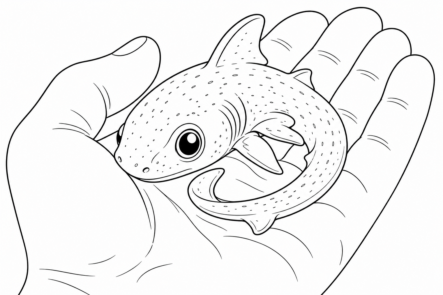 A tiny dwarf lanternshark with big round eyes, curled small enough to sit in a cupped hand