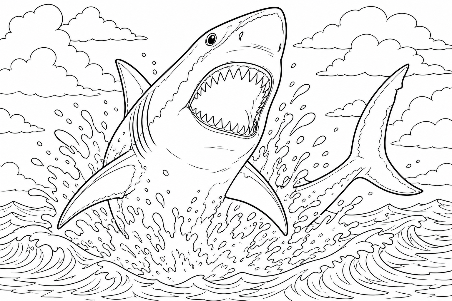 A great white shark bursting upward out of the waves with its tail curved to the side