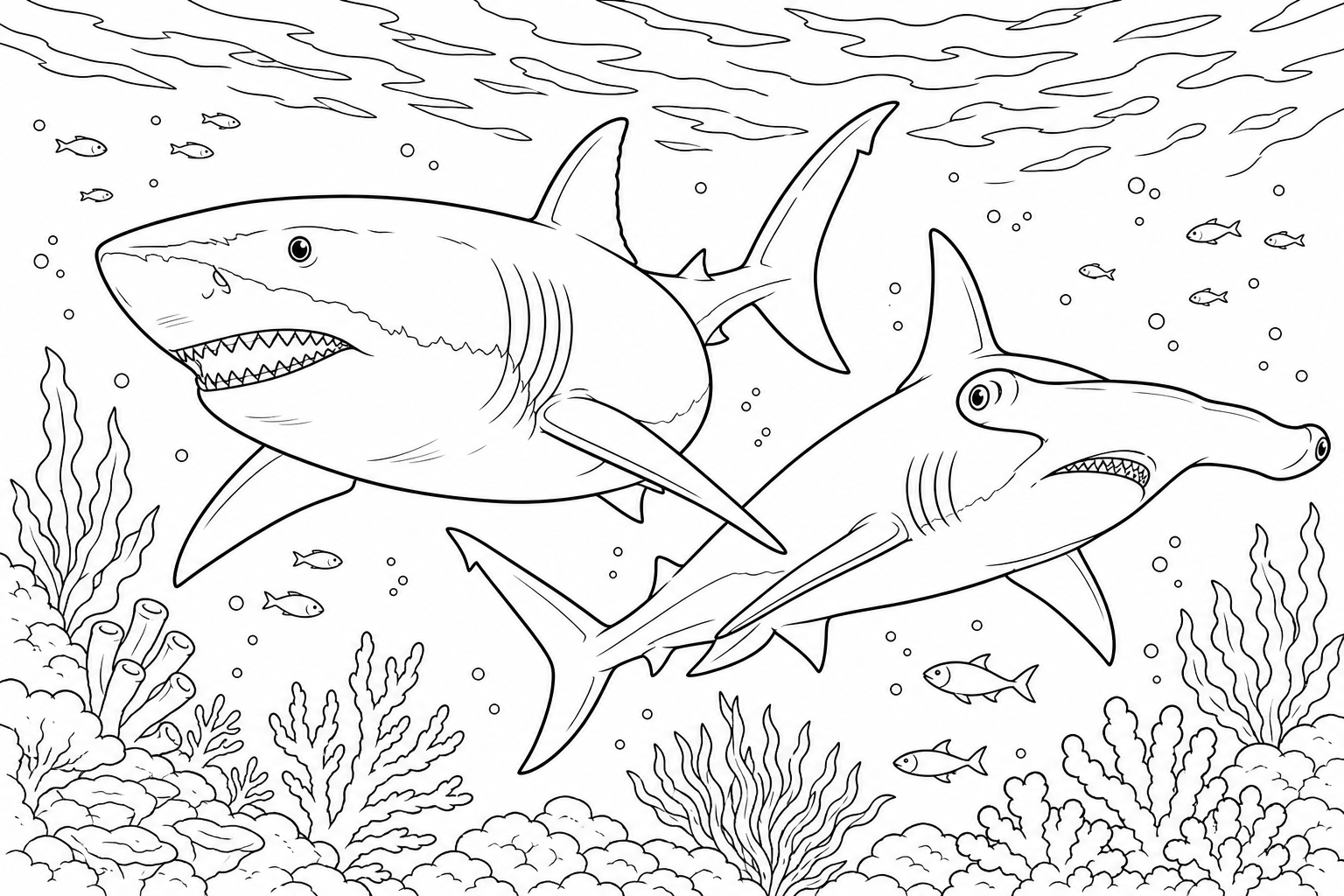 Great White & Hammerhead Shark Coloring Page