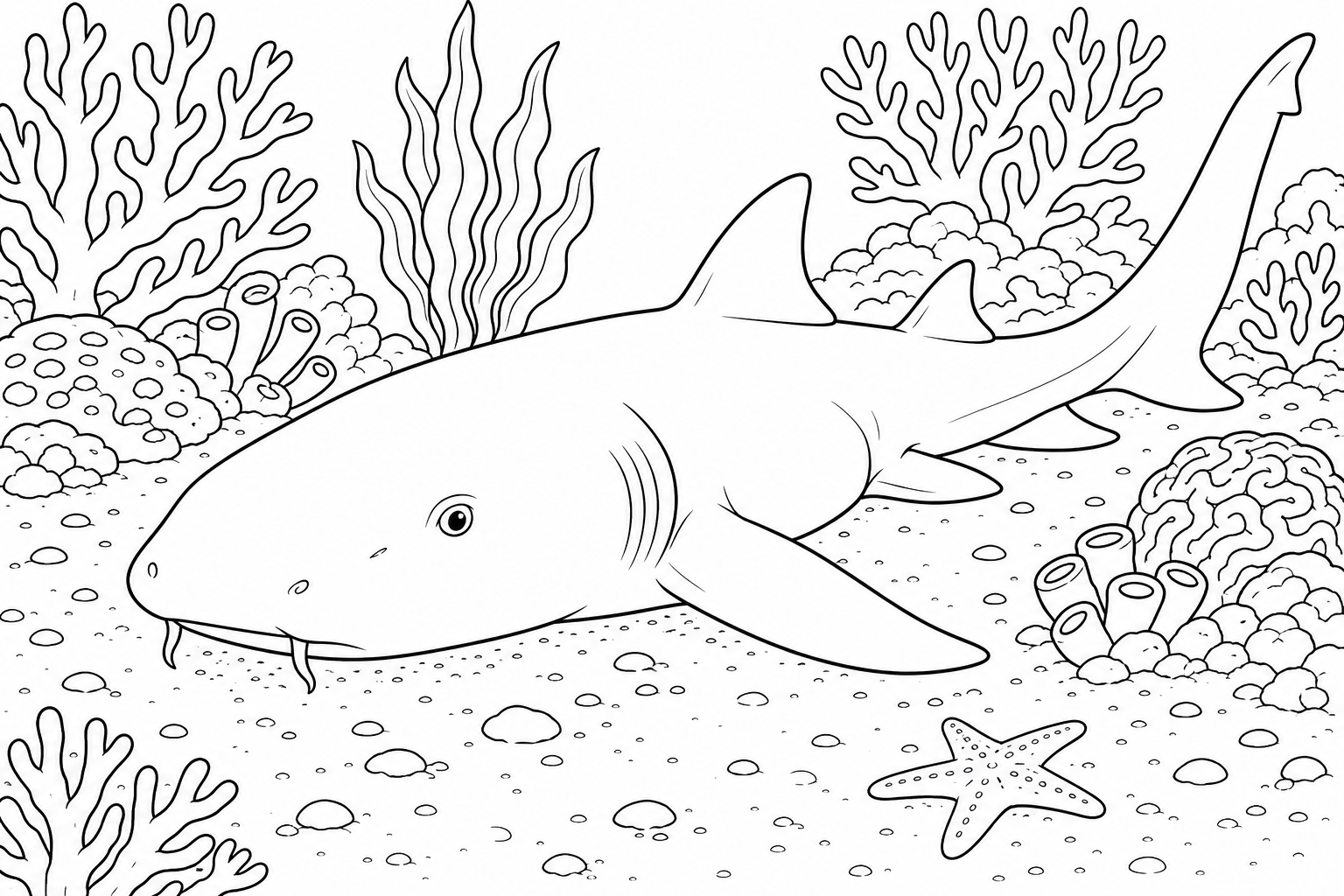 A nurse shark resting on the sandy seabed with two small whiskery barbels beside its mouth