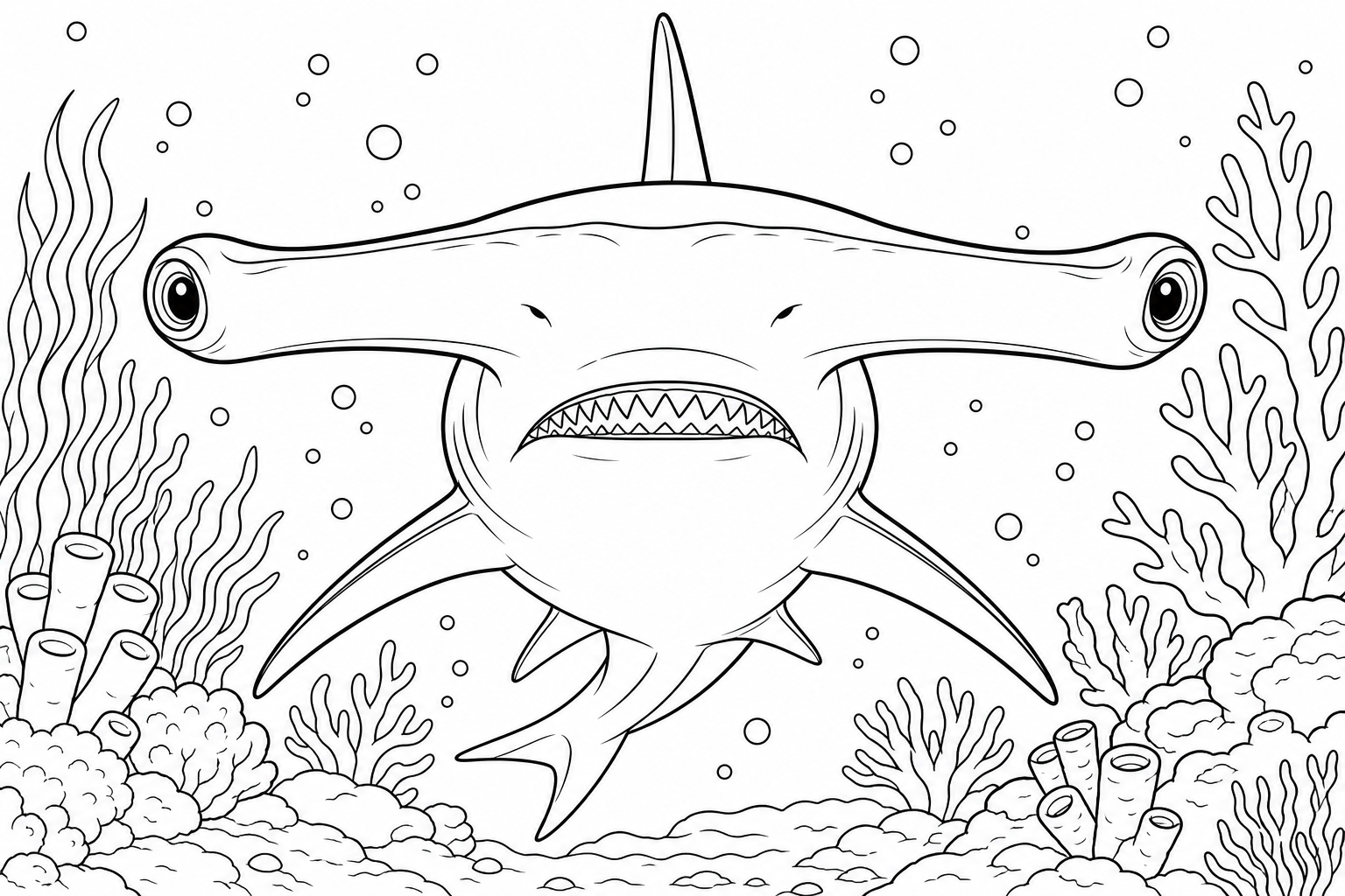 A hammerhead shark viewed head on, showing the broad T-shaped head and wide-set eyes