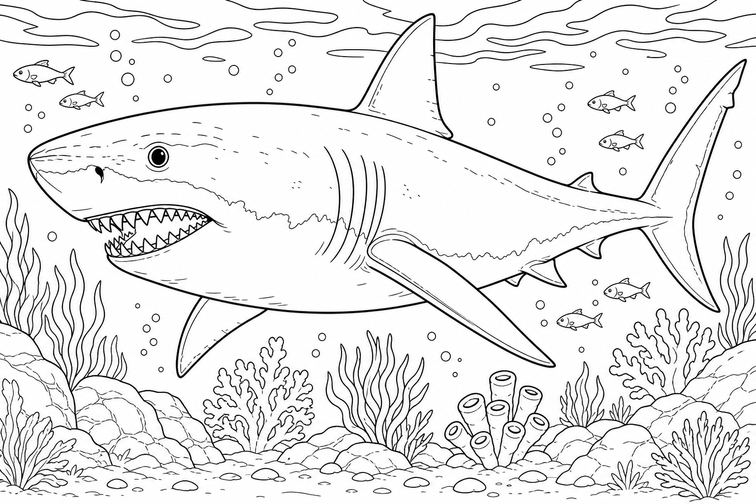 A great white shark with a sleek torpedo body, a tall triangular dorsal fin and rows of pointed teeth