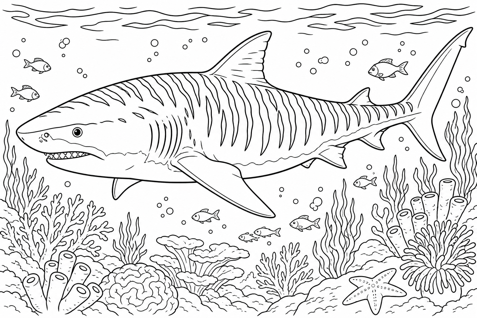 Tiger Shark Coloring Page with Bold Stripes