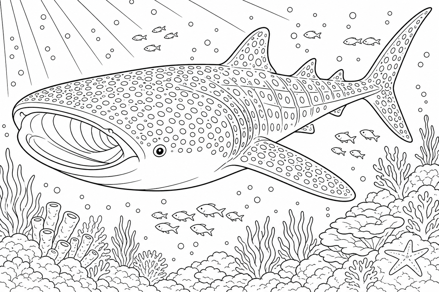 A whale shark gliding slowly with its wide flat mouth open and rows of round spots across its enormous body