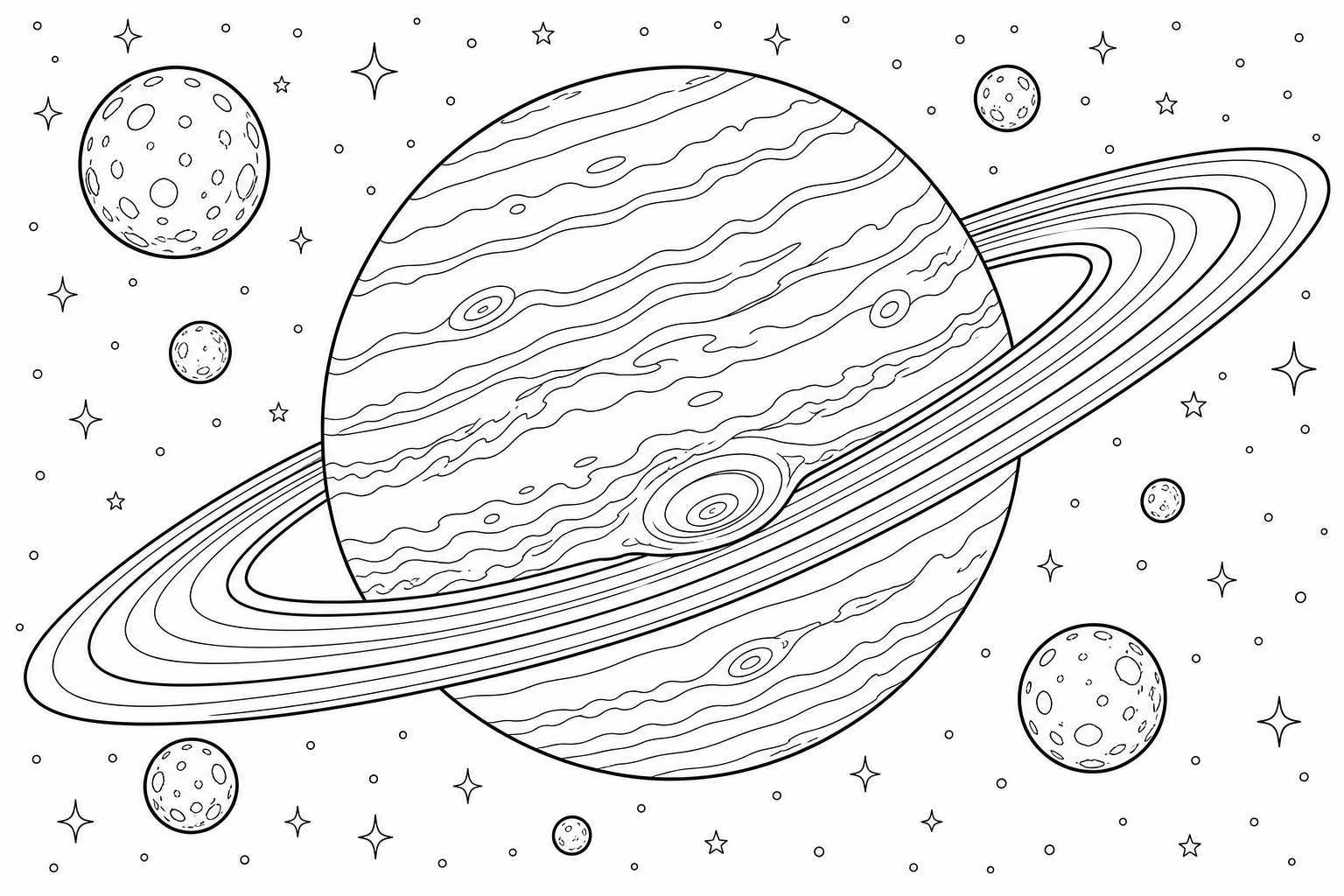 A ringed gas giant seen up close, its rings full of icy chunks, several small moons around it