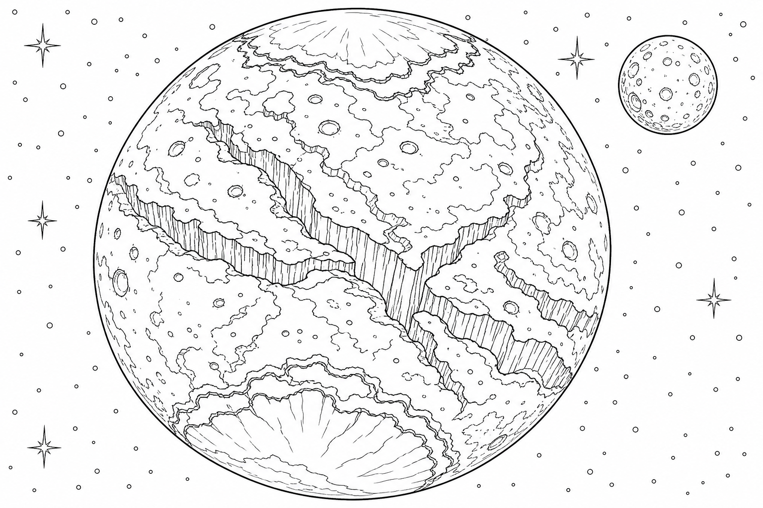 A rocky planet with steep canyons and polar ice caps, orbited by one small moon