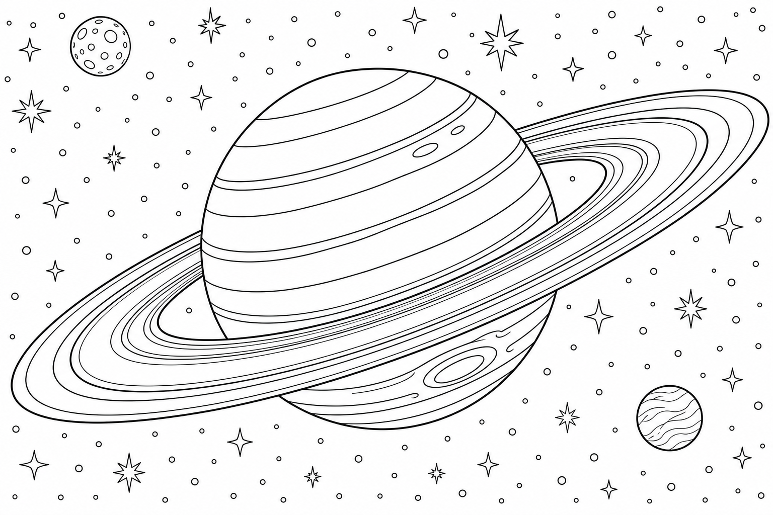 Saturn with wide flat rings tilted across the frame and a smooth banded surface