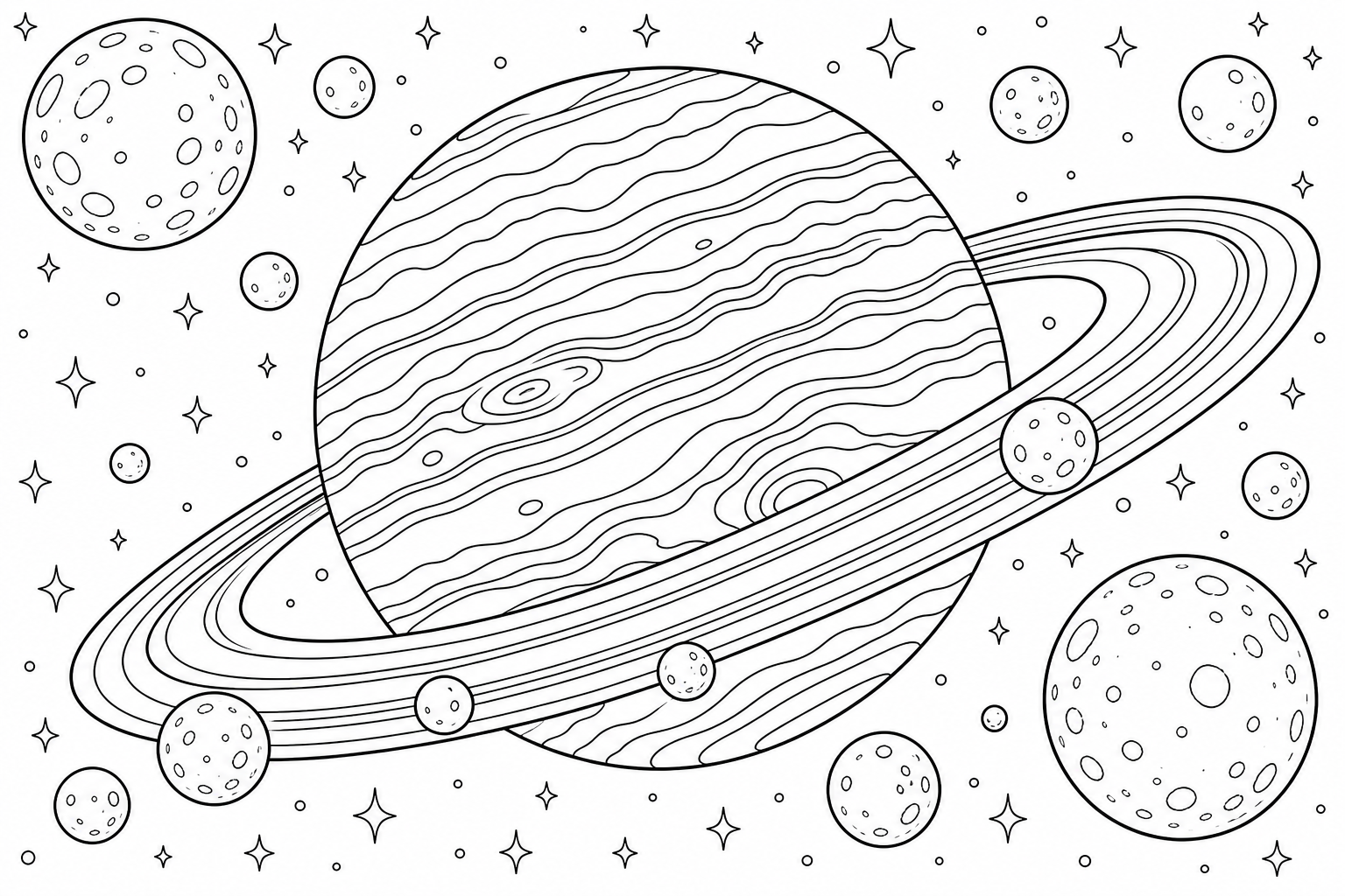 A giant striped planet with a bright ring system and a cluster of orbiting moons