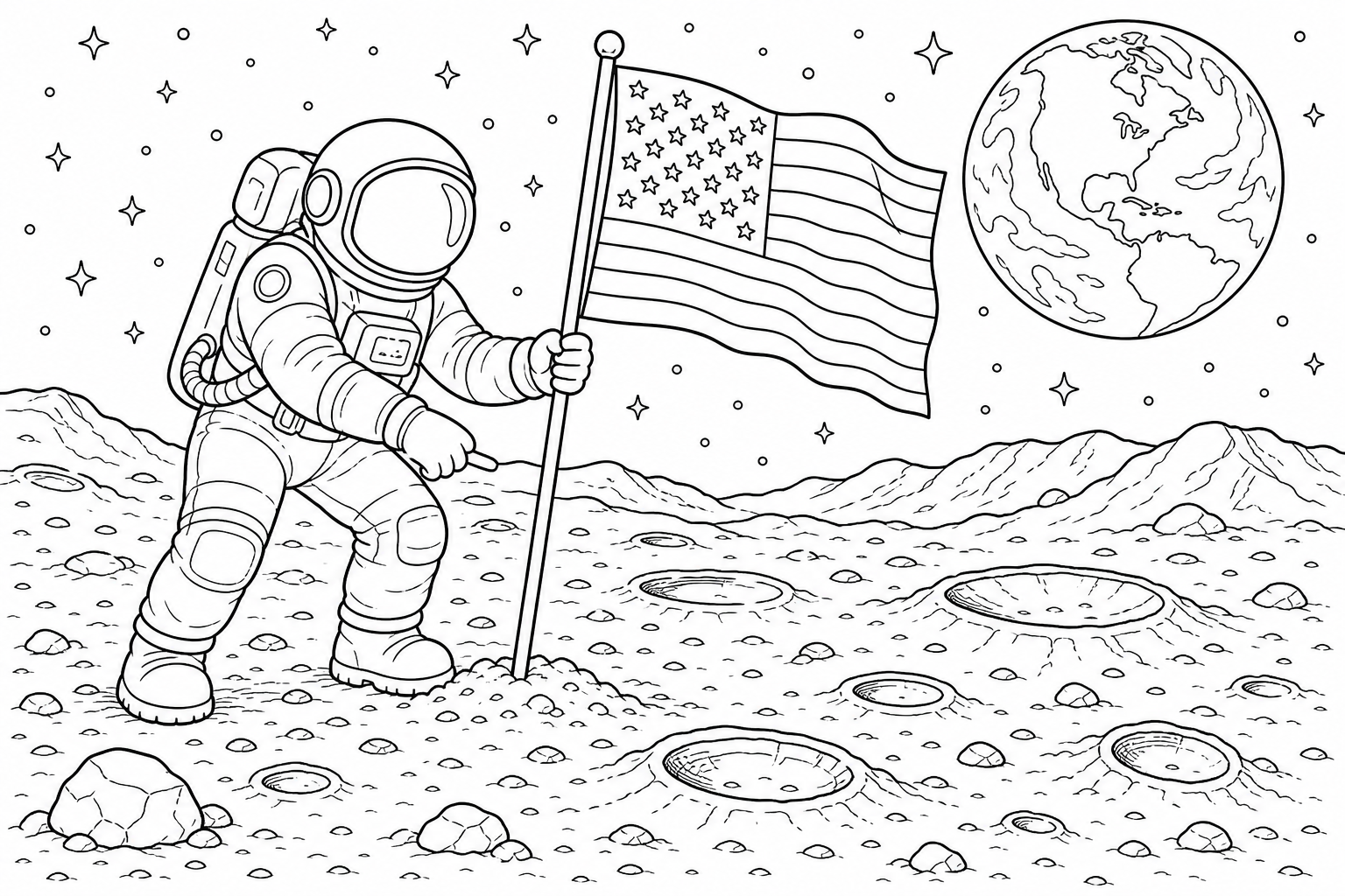 An astronaut standing on the cratered surface of the Moon planting a flag with Earth in the sky