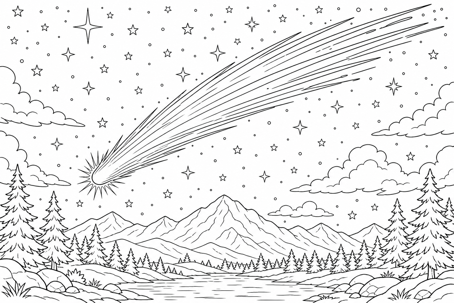 A wide starry field with a bright comet trailing a long tail across the sky