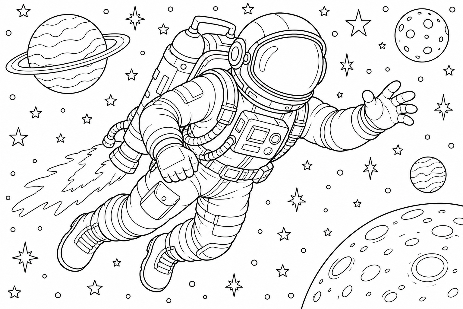 An astronaut with a jetpack drifting among stars, bulky suit with clear seams and hoses