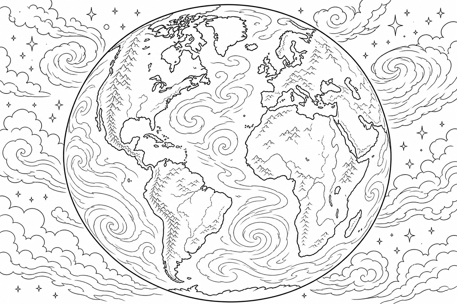 Planet Earth showing continents, swirling clouds, and a rugged coastline, thick clear outlines