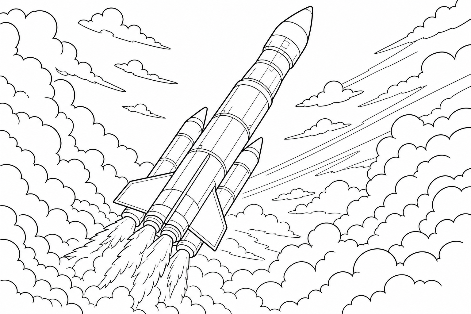 A multi-stage rocket climbing through the sky, fins and nose cone clearly drawn