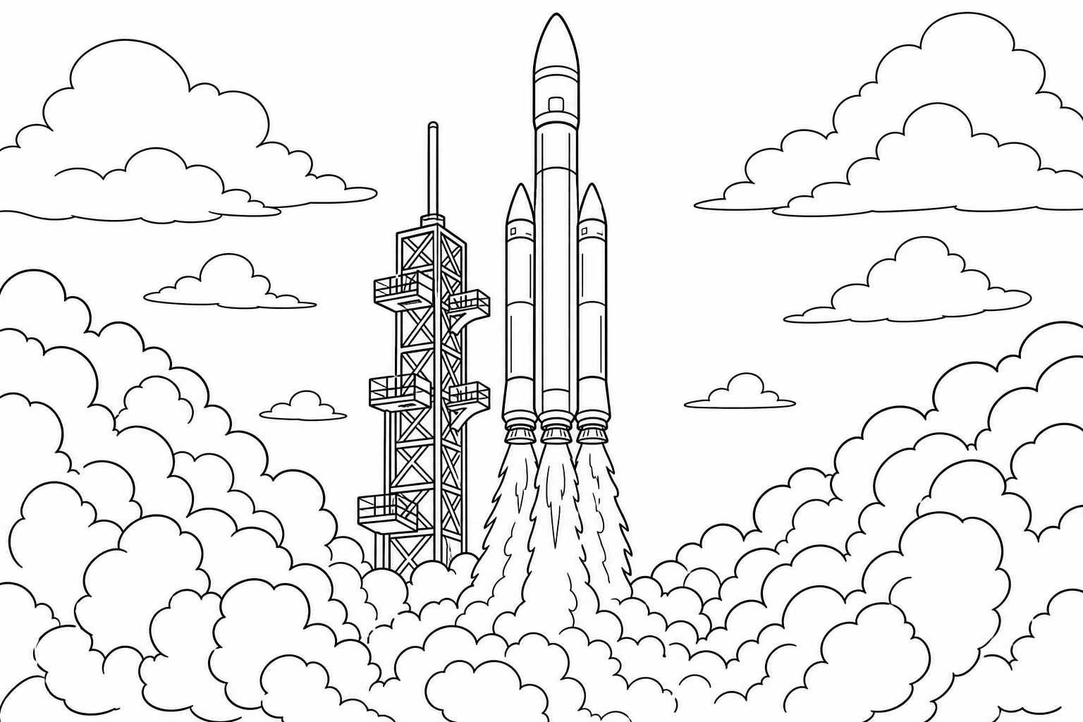 A tall rocket lifting off with a roaring flame trail beneath it and clouds of smoke at the base